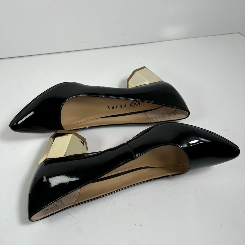 KATY PERRY The Lorenna Black Patent Gold Block Heel Pumps Size 6.5 - Picture 7 of 13
